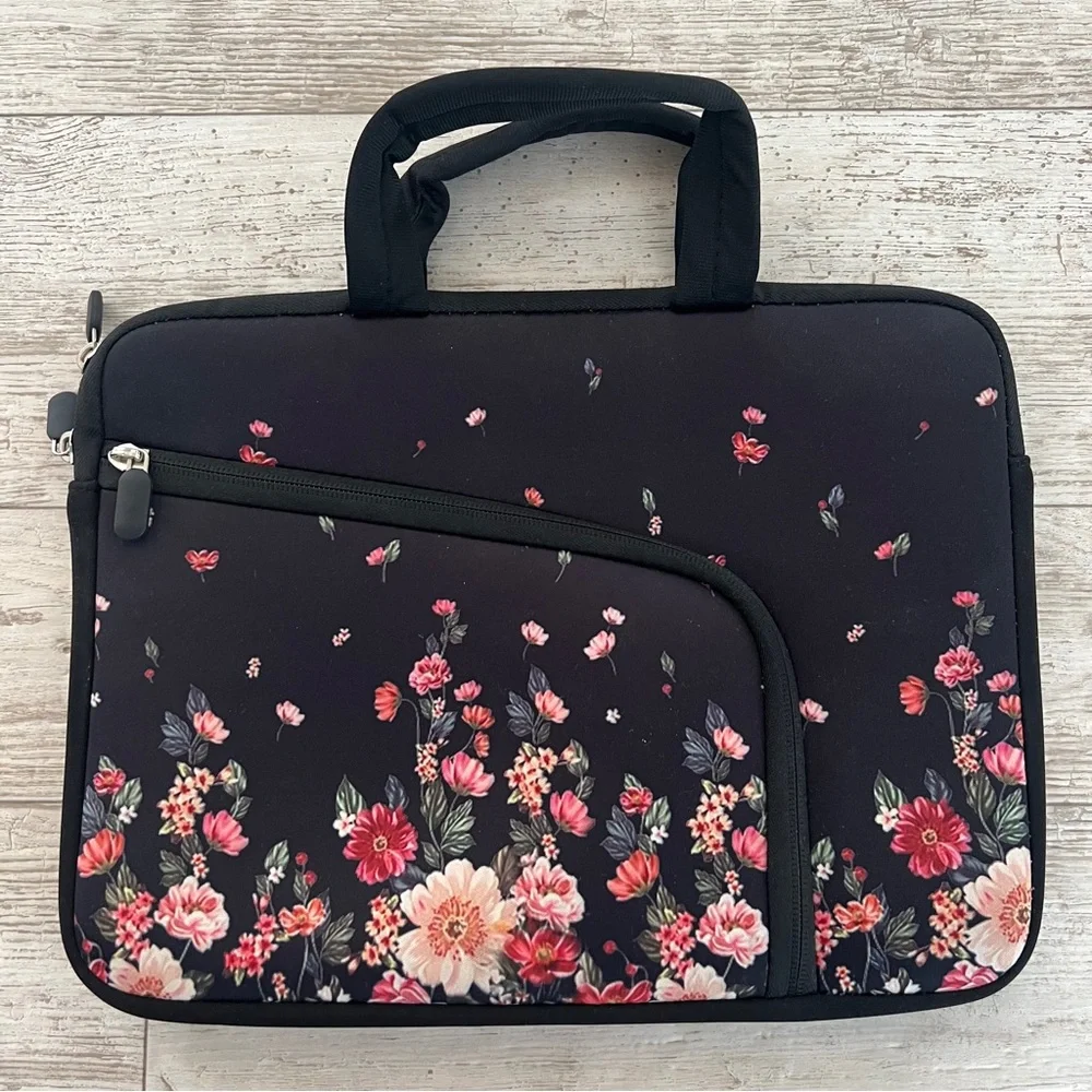 Floral Black Neoprene Laptop Sleeve Bag 15.6